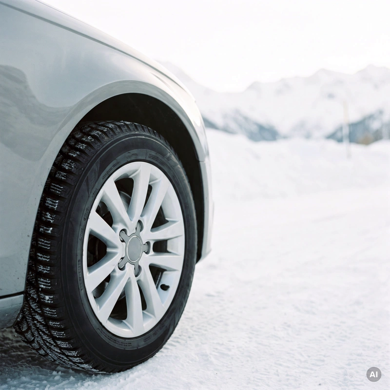 Winterkomplettrad an einem Fahrzeug auf einer schneebedeckten Bergstraße