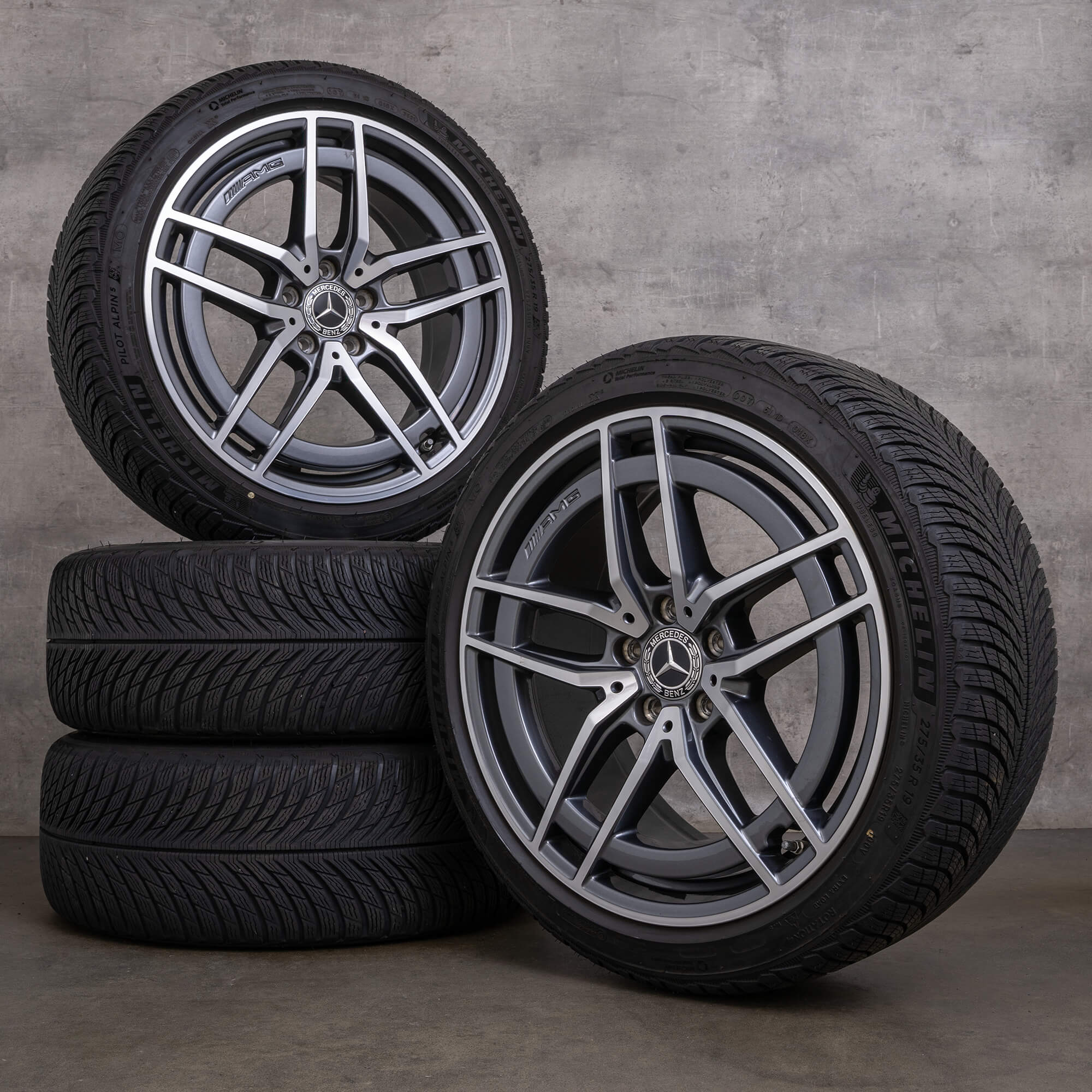 Originele Mercedes Benz E-Klasse E43 E53 AMG 4Matic winterbanden 19 inch W213 S213 C238 A238 velgen A2134016700 A2134016800 himalayagrijs glanzend gedraaid