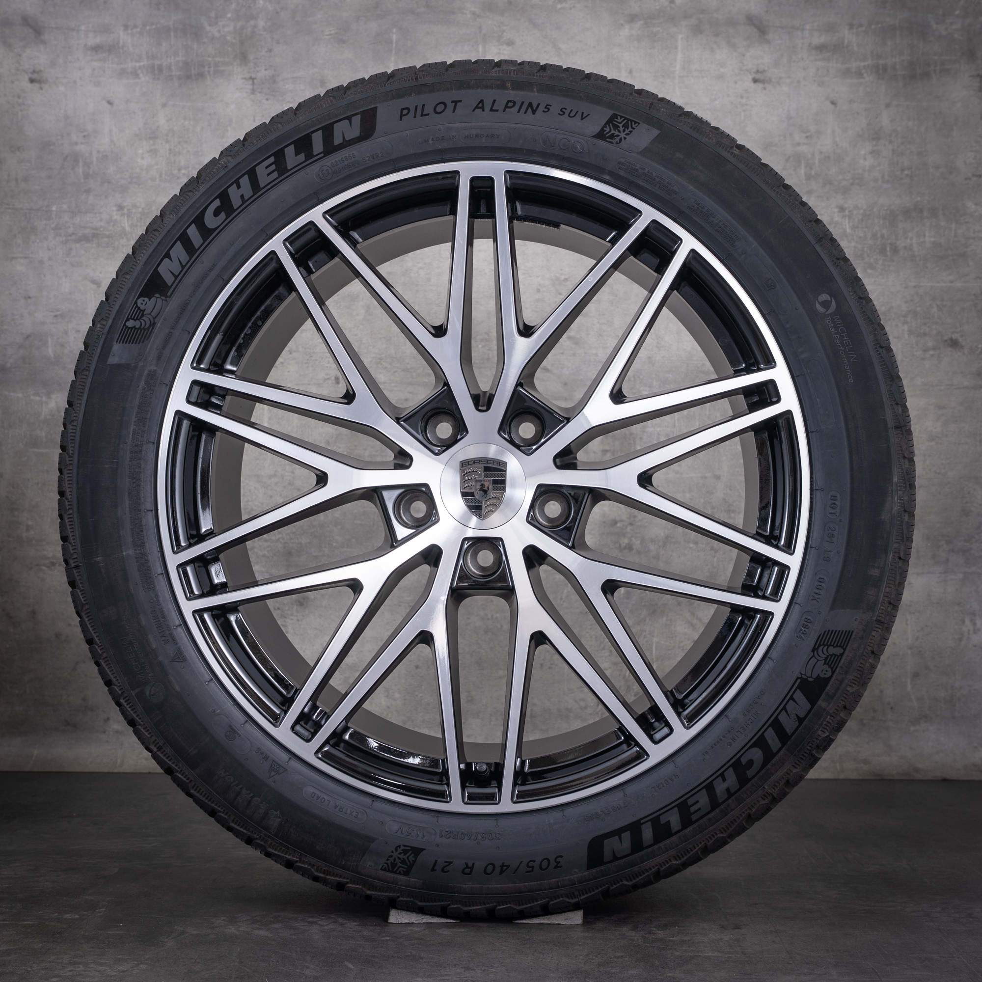 Originale Porsche Cayenne vinterhjul 21 tommer 9YA E3 II RS Spyder-felger 9Y0601025CD 9Y0601025CE svart frontpolert