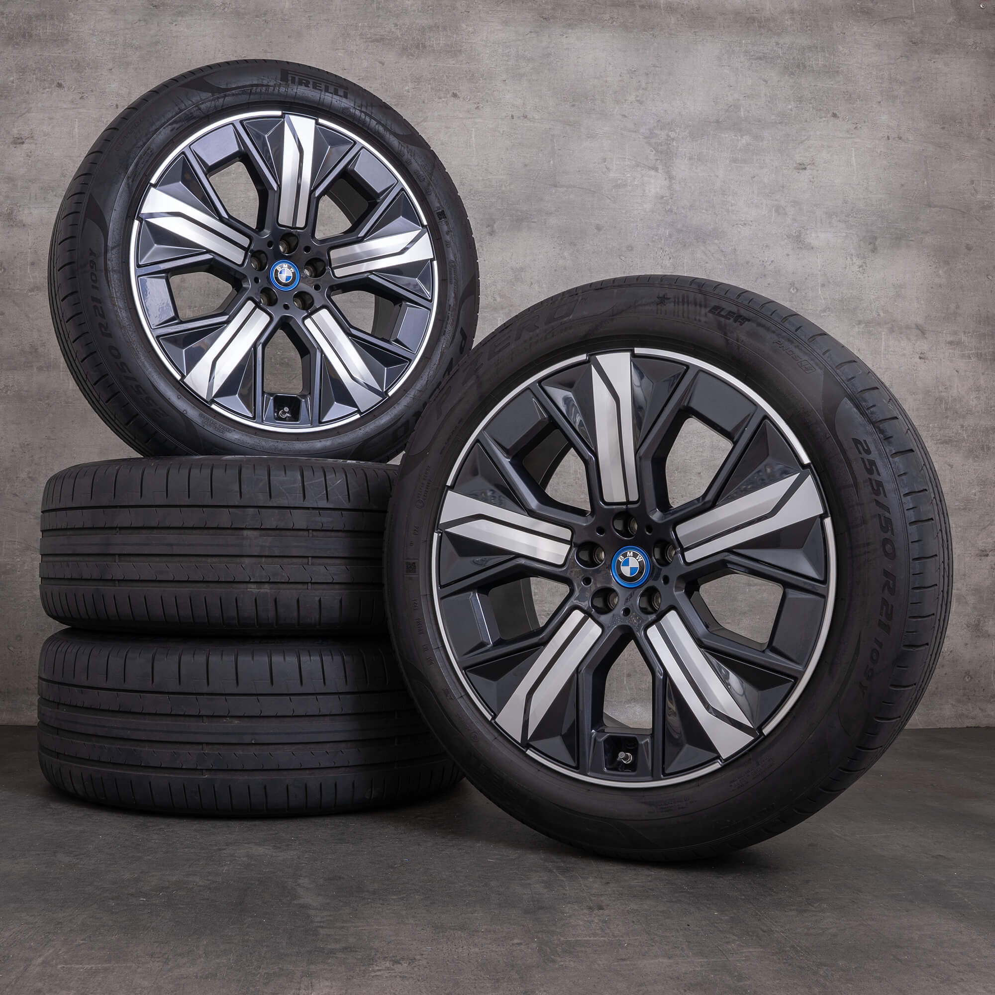 Original BMW iX Felgen 21 Zoll i20 Sommerräder Styling 1012 Aerodynamik 5A41F90 schwarz silber glanz