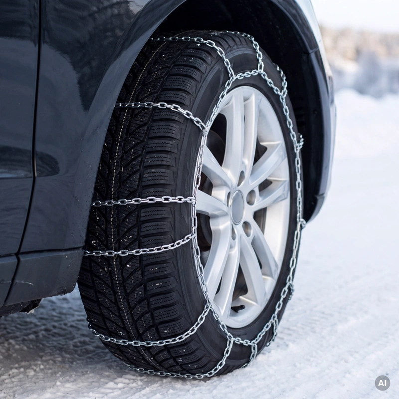 Alufelge mit gespannter Schneekette auf verschneiter Straße, die Kette liegt auf der Lauffläche des Winterreifens