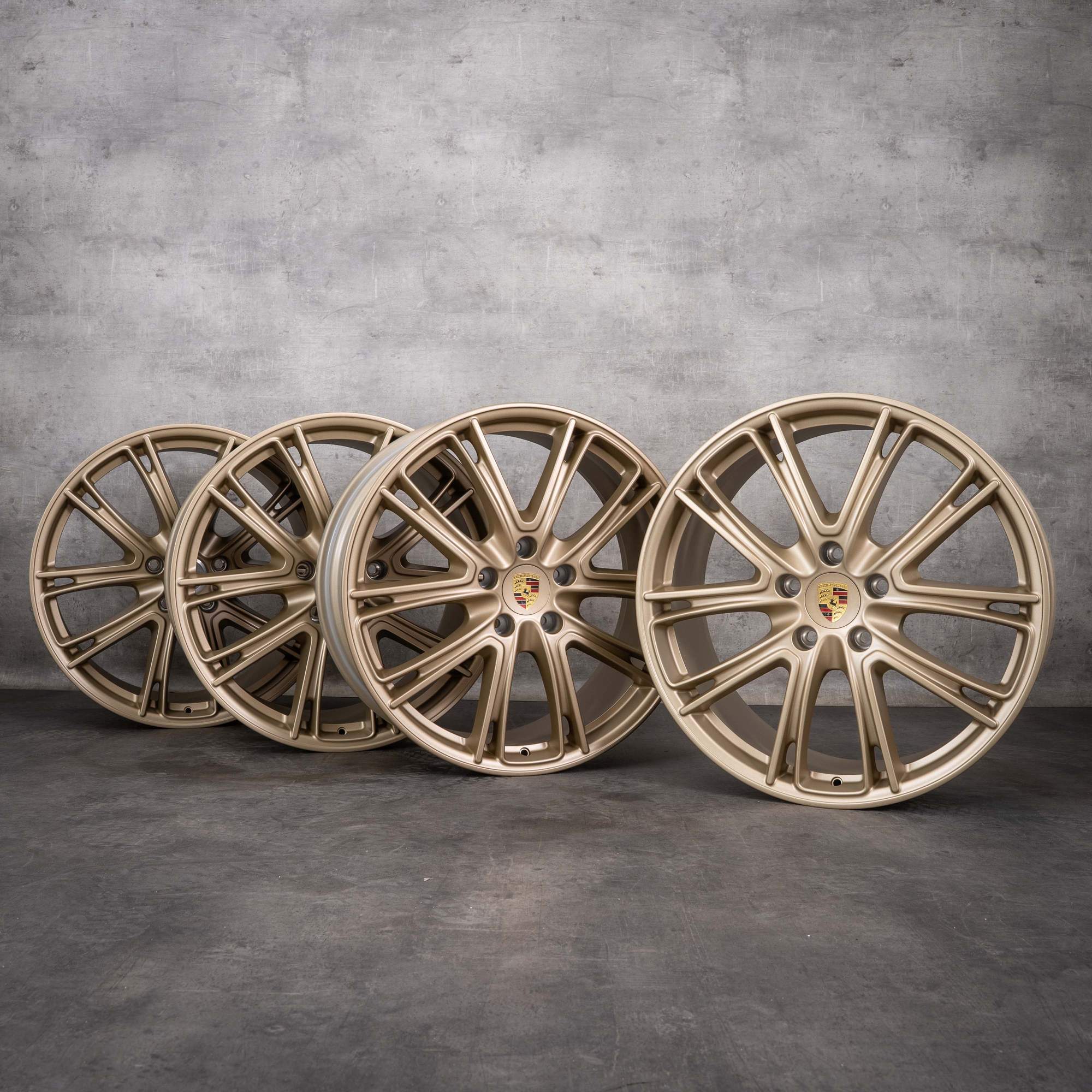 Jante originale Porsche Panamera de 21 inch, model 971 Exclusiv Design, coduri 971601025M și 971601025N, auriu mat, NOI