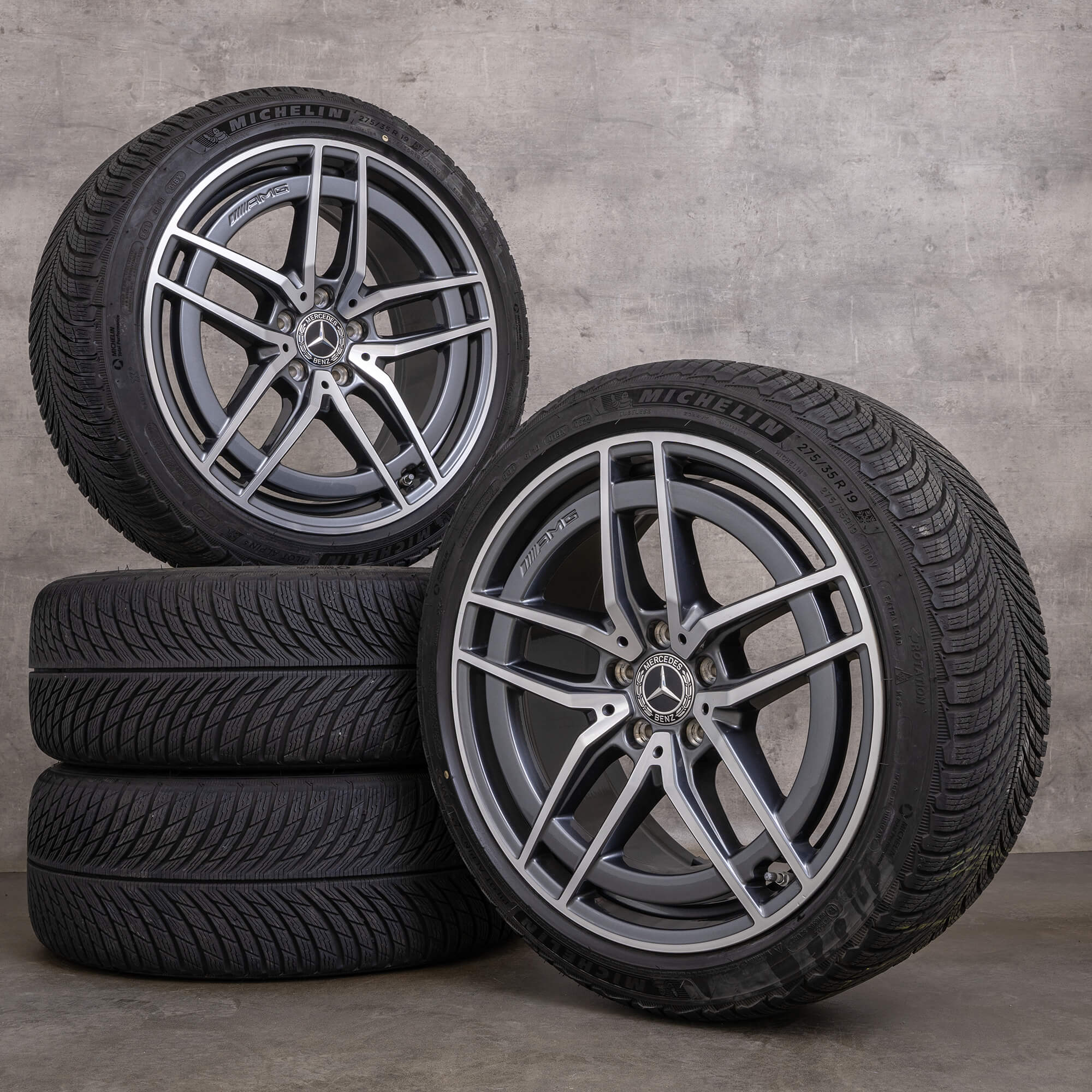 Originální zimni pneumatiky Mercedes Benz třídy E E43 a E53 AMG 19 palcové disky W213 S213 C238 A238 4Matic A2134016700 A2134016800 himalaya šedá lesklá soustružená