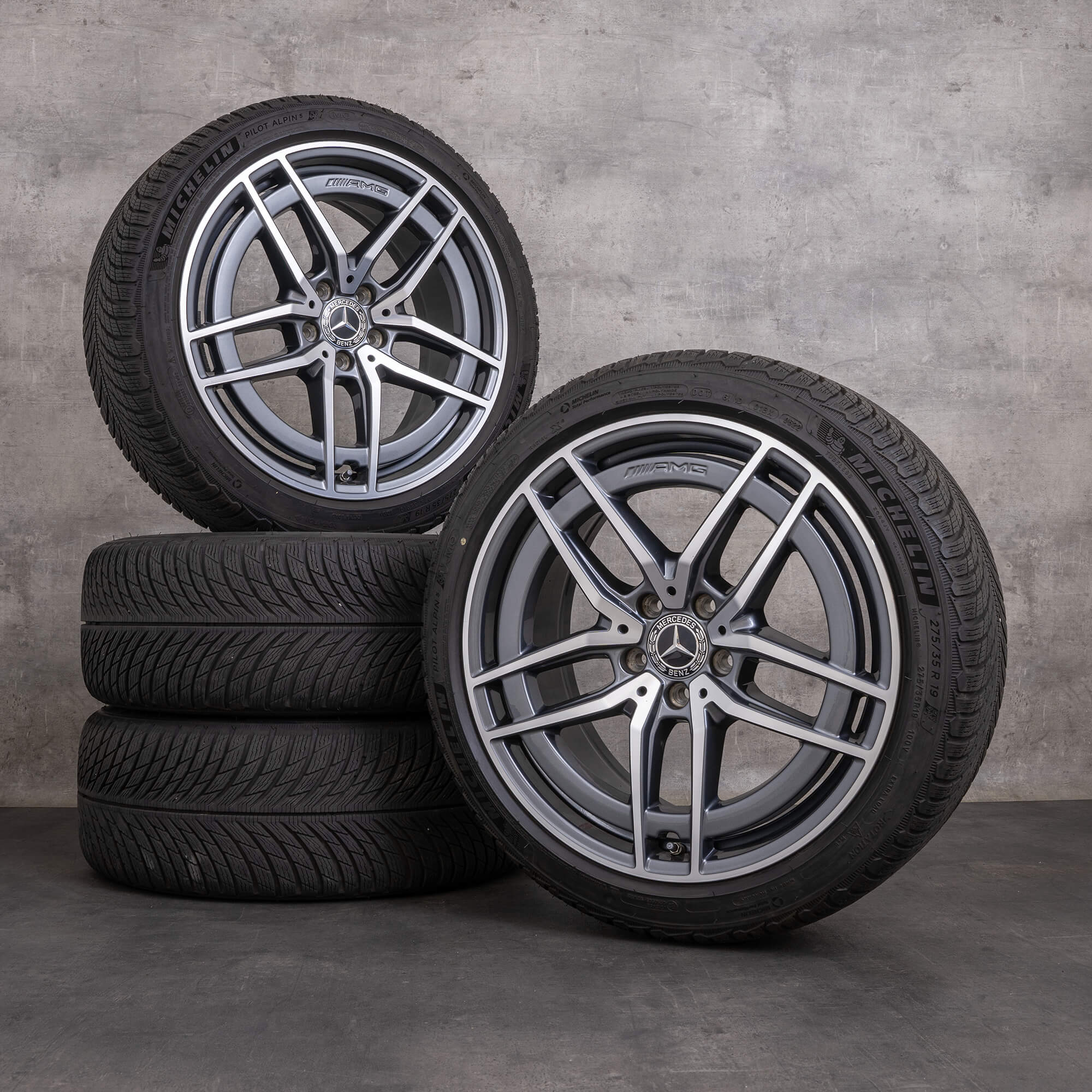 Originální zimní pneumatiky s disky Mercedes třídy E E43 E53 AMG 4Matic 19" W213 S213 C238 A238 na auto A2134016700 A2134016800 himalaya šedá lesklá soustružená