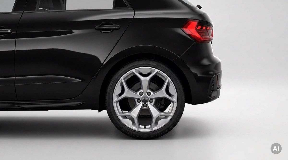 Original-Audi-Felge im 5-Y-Speichen-Design in Silber am Hinterrad des Audi A1 GB Sportback in Nahaufnahme