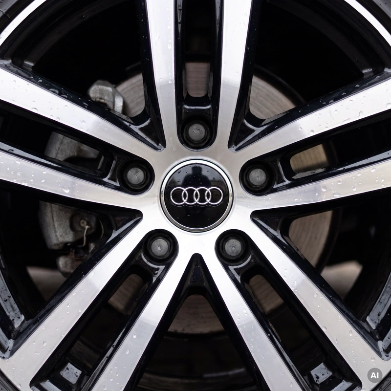 Glanzgedrehte originale Audi Felge im Bicolor-Design mit Wassertropfen auf den blanken Speichenflächen
