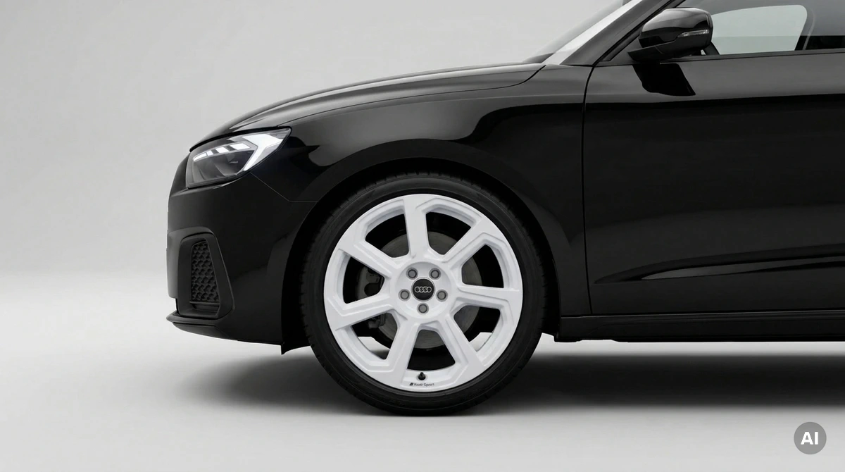Original-Audi-Felge im 7-Speichen-Rotor-Design in Weiß am Vorderrad des Audi A1 GB Sportback in Nahaufnahme