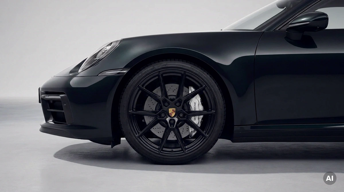 Porsche 911 992 II Carrera in side view with OEM Porsche alloy wheels