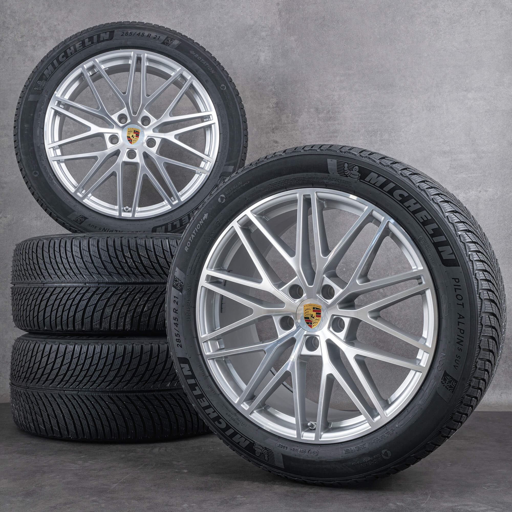 Originele Porsche Macan Electric Winterrder 22 inch H2 RS Spyder Design velgen 95C601025AD 95C601025AE zilver glanzend gedraaid NIEUW