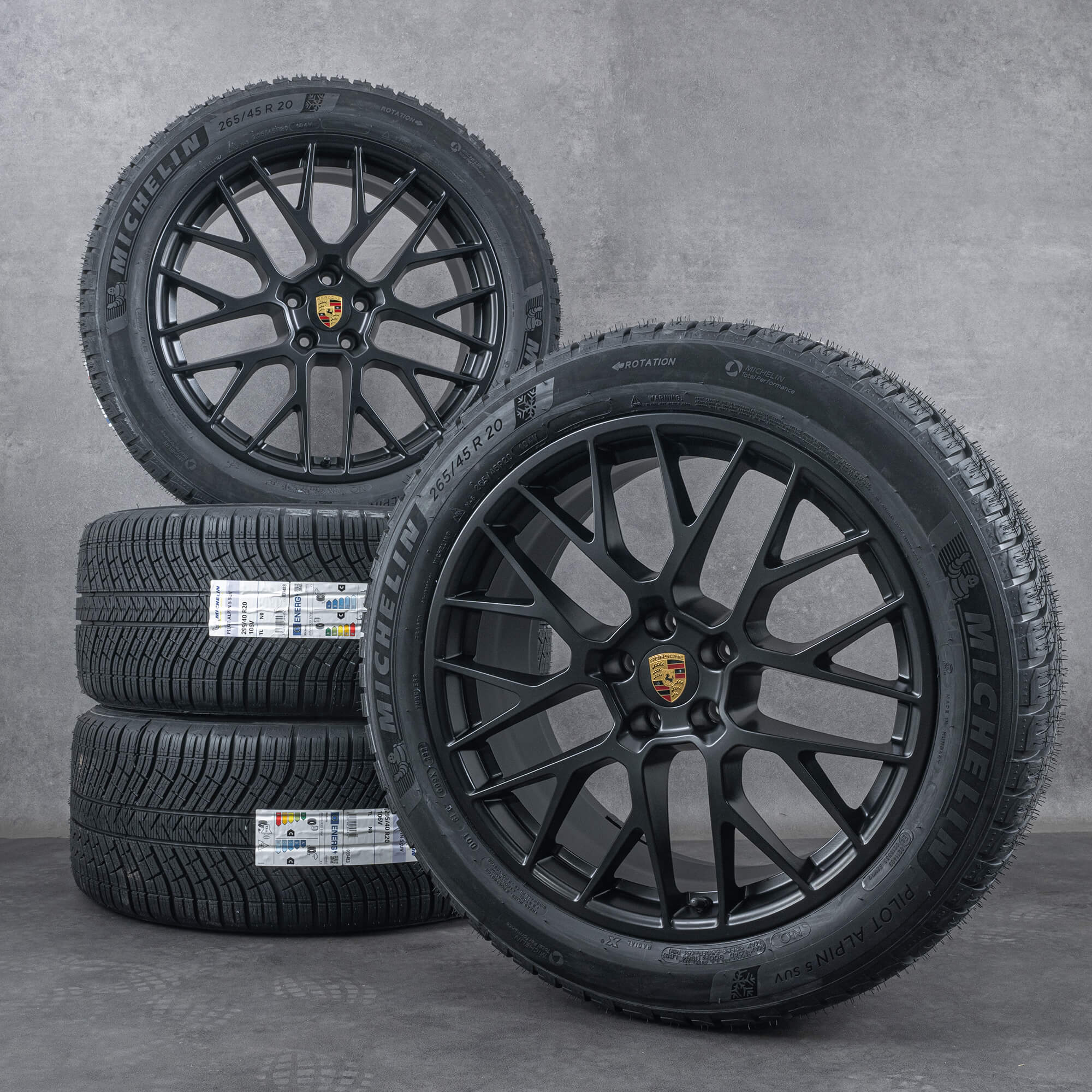 Originale Porsche Macan vinterdæk med fælge 20 tommer I & II RS Spyder 95B601025BF 95B601025BG sort satin - JE1 NEW