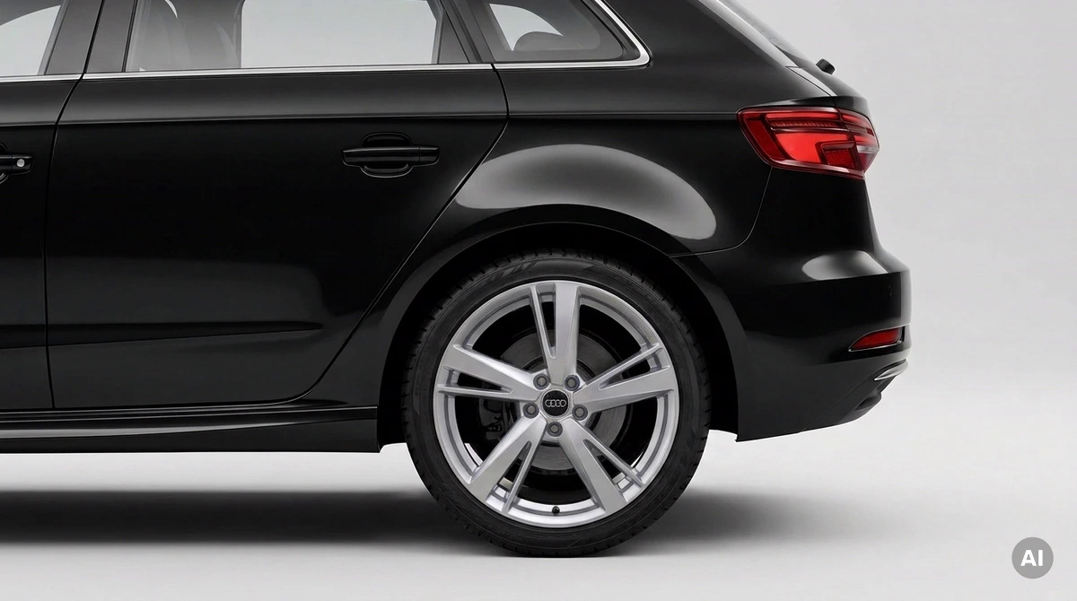 Audi A3 Sportback 8V : la roue arrière vue de près, avec jante d'origine 19 pouces et design Blade à 5 branches