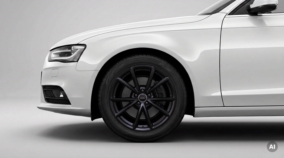 Bílý sedan Audi A4 B8, přední kolo zblízka: originální 19palcový disk v matně černém provedení, desetipaprskový design ve tvaru V