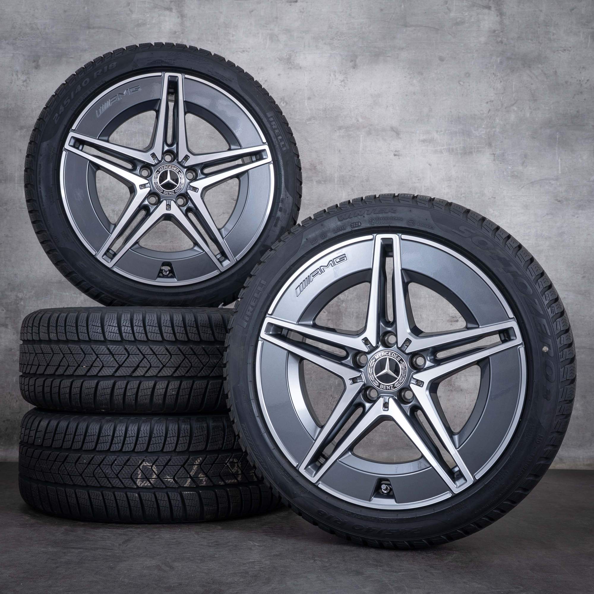 Original Mercedes Benz C-klass AMG vinterhjul 18 tum W206 S206 fälgar / fälg A2064011700 A2064011800 himalaya grå front polerad