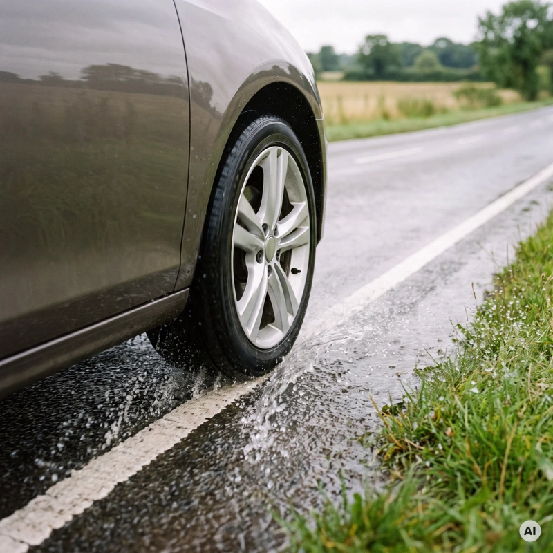 Grauer Pkw fährt auf der rechten Spur einer regennassen Landstraße, direkt am Vorderreifen spritzt Wasser seitlich und nach hinten auf