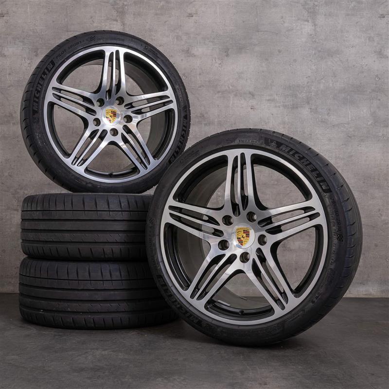 Originale Porsche 997 fælge 19 tommer Turbo S sommerdæk 99736215605 99736216202 sort poleret drejet